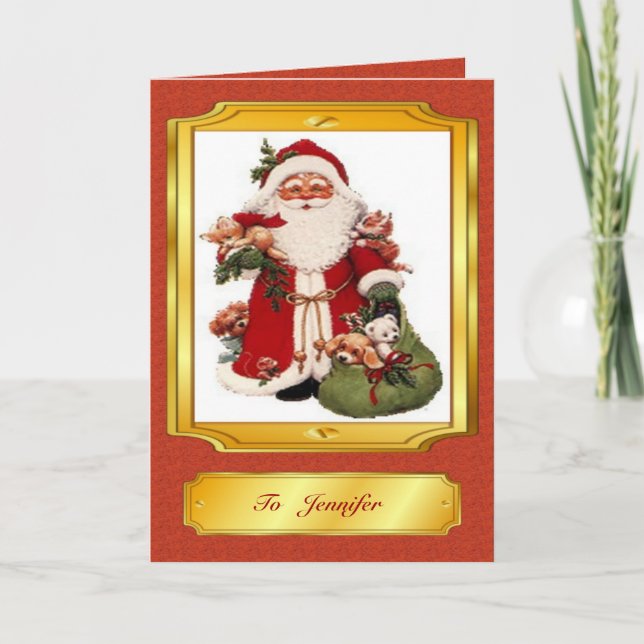 Santa Claus in Red and Golden Christmas Card (Front)