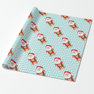 Santa claus in red pajamas holding a mug wrapping paper