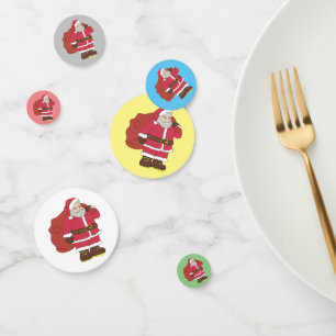 Santa Claus in red with gift bag and eyeglasses  Confetti