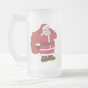 Santa Claus in red with gift bag and eyeglasses Frosted Glass Beer Mug