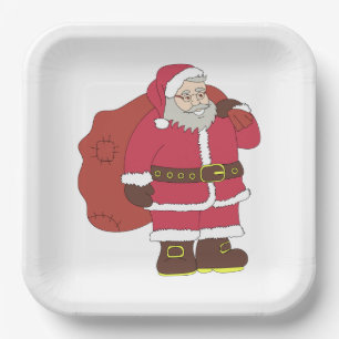 Santa Claus in red with gift bag and eyeglasses  Paper Plate