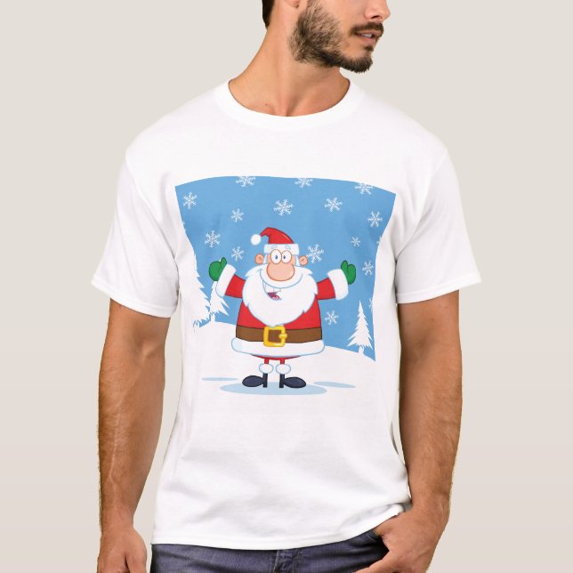 Santa Claus in Snowy Winter Scene T-Shirt (Front)
