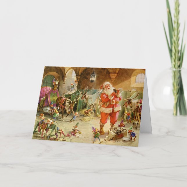 Santa Claus in the North Pole Reindeer Stables Holiday Card (Front)