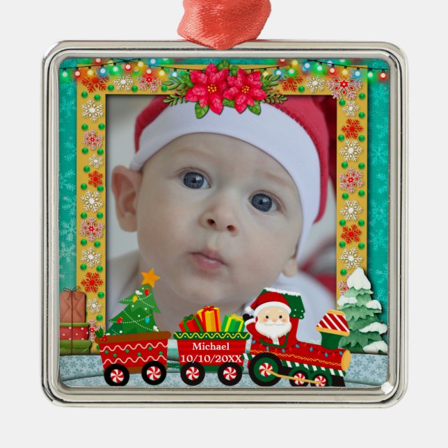 Santa Claus in Train and Christmas Cute Photo Metal Tree Decoration (Front)