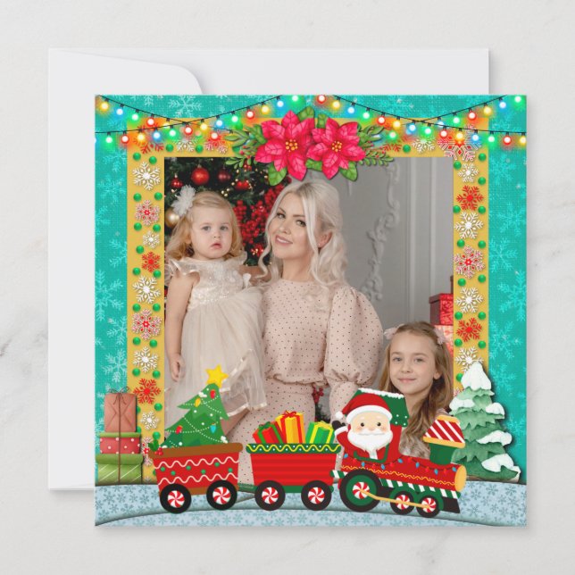 Santa Claus in Train, Christmas and holiday photo Card (Front)
