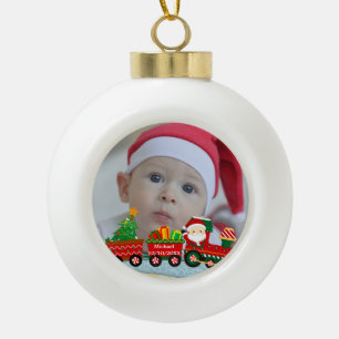 Santa Claus in Train with Gifts and Christmas Tree Ceramic Ball Christmas Ornament