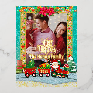 Santa Claus in Train with Gifts and Christmas Tree Foil Holiday Postcard