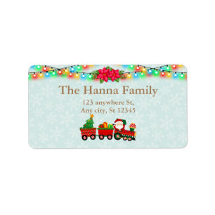 Santa Claus in Train with Gifts and Christmas Tree Label