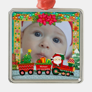 Santa Claus in Train with Gifts and Christmas Tree Metal Tree Decoration