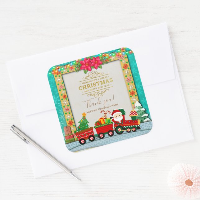 Santa Claus in Train with Gifts and Christmas Tree Square Sticker (Envelope)