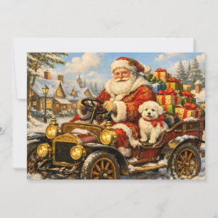 Santa Claus in Vintage Car Delivering Presents Holiday Card