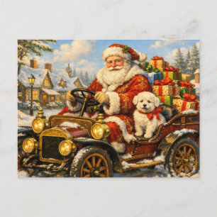 Santa Claus in Vintage Car Delivering Presents  Holiday Postcard