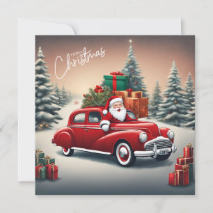 Santa Claus in Vintage Red Car Christmas Holiday Card