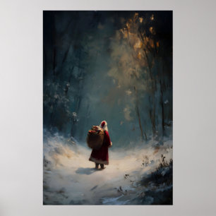 Santa Claus in Winter Forest Print, Cosy Christmas Poster
