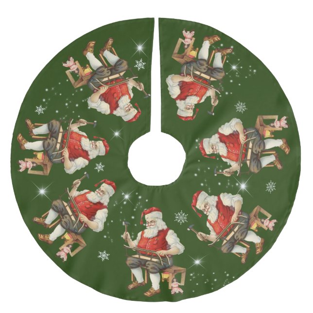 Santa Claus in Workshop Sled Snowflakes   Brushed Polyester Tree Skirt (Front)