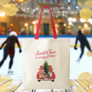 Santa Claus Is Coming To Town Red Truck Tote Bag