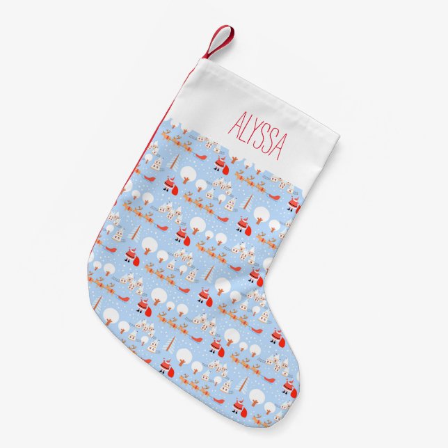 Santa Claus is Coming w Reindeer Name Small Christmas Stocking (Front (Hanging))