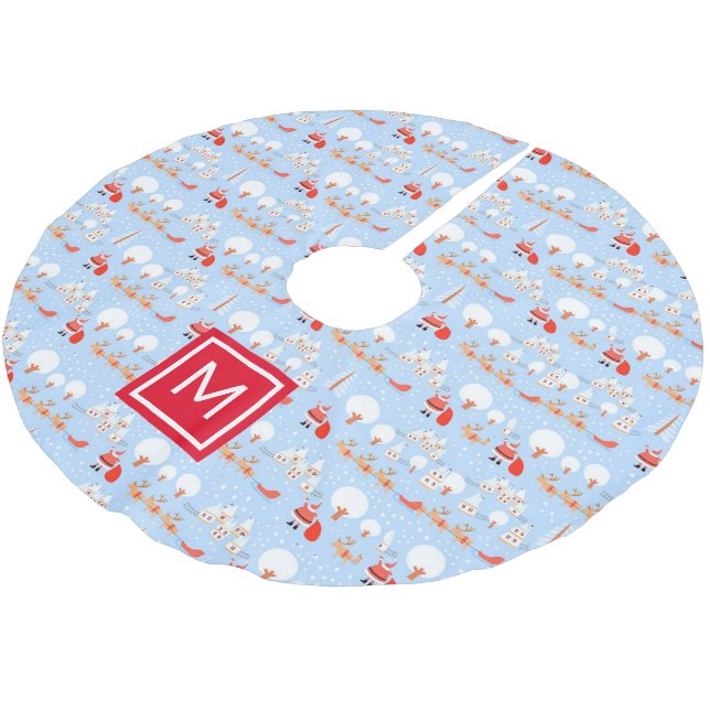 Santa Claus is Coming with Reindeer Monogram Brushed Polyester Tree Skirt (Angled)