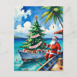 Santa Claus is fishing on Christmas Holiday Postcard
