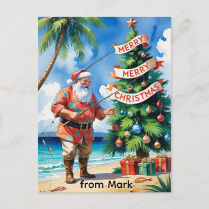 Santa Claus is fishing on Christmas Holiday Postcard