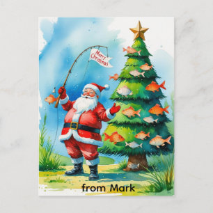 Santa Claus is fishing on Christmas Holiday Postcard
