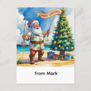 Santa Claus is fishing on Christmas Holiday Postcard