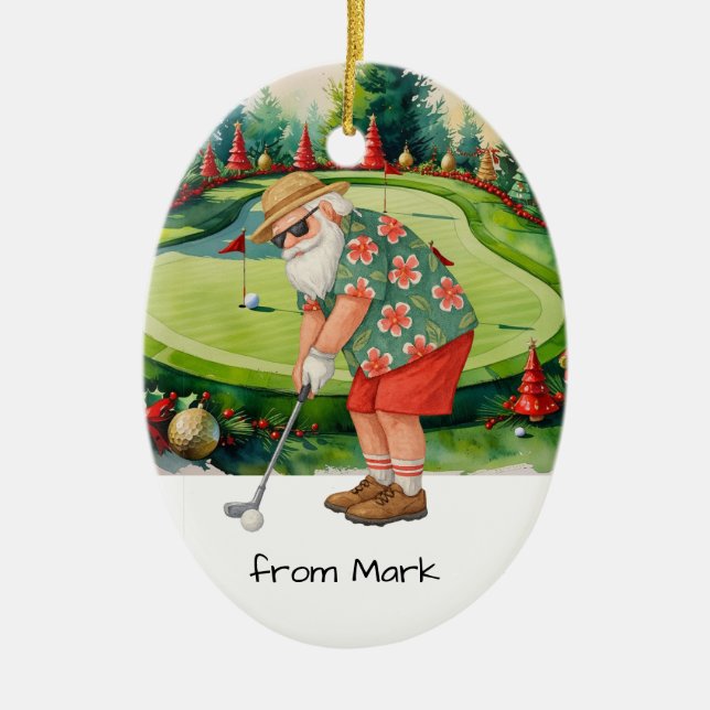 Santa Claus is golfing on golf course background Ceramic Tree Decoration (Front)
