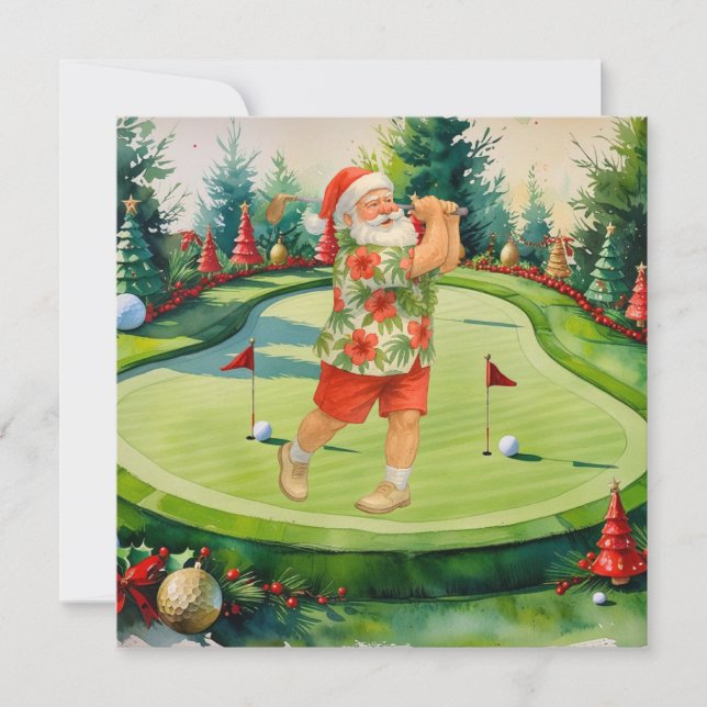Santa Claus is golfing on putting green Holiday Card (Front)