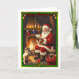 Santa Claus is reading a child's letter to himself Card