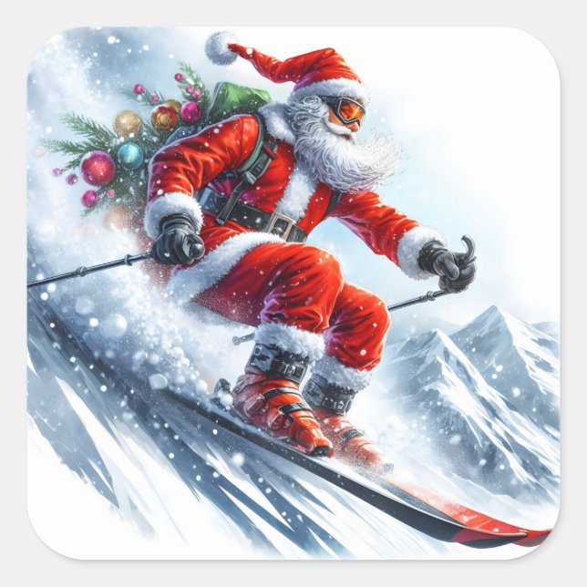 Santa Claus Joyfully Skiing Down a Snowy Mountain Square Sticker (Front)