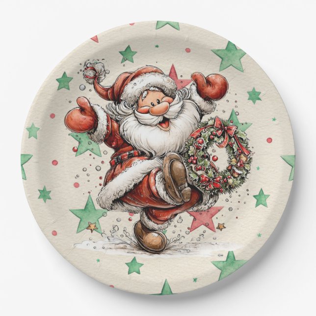 Santa Claus Kicking A Christmas Wreath Paper Plate (Front)