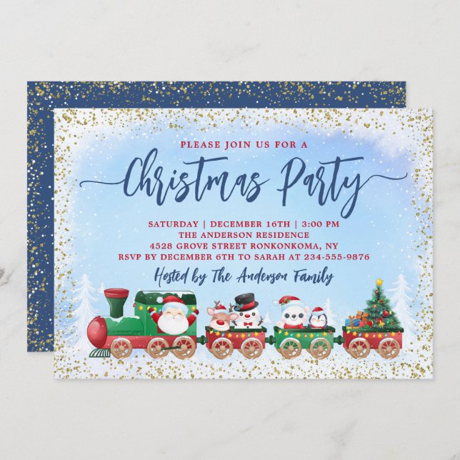 Santa Claus Kids Christmas Train Holiday Party Invitation (Front/Back)