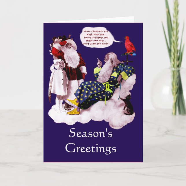 SANTA CLAUS, LITTLE ANGEL AND MERLIN XMAS PARTY HOLIDAY CARD (Front)