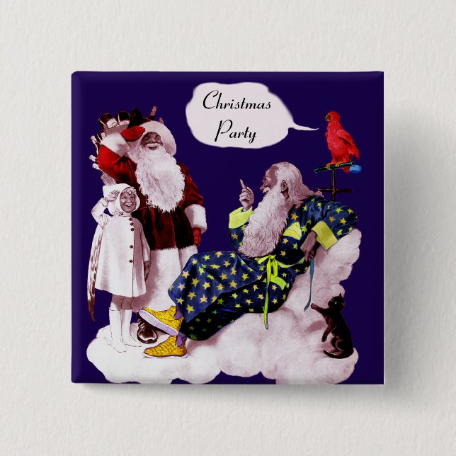 SANTA CLAUS ,LITTLE ANGEL & MERLIN Christmas Party 15 Cm Square Badge (Front)