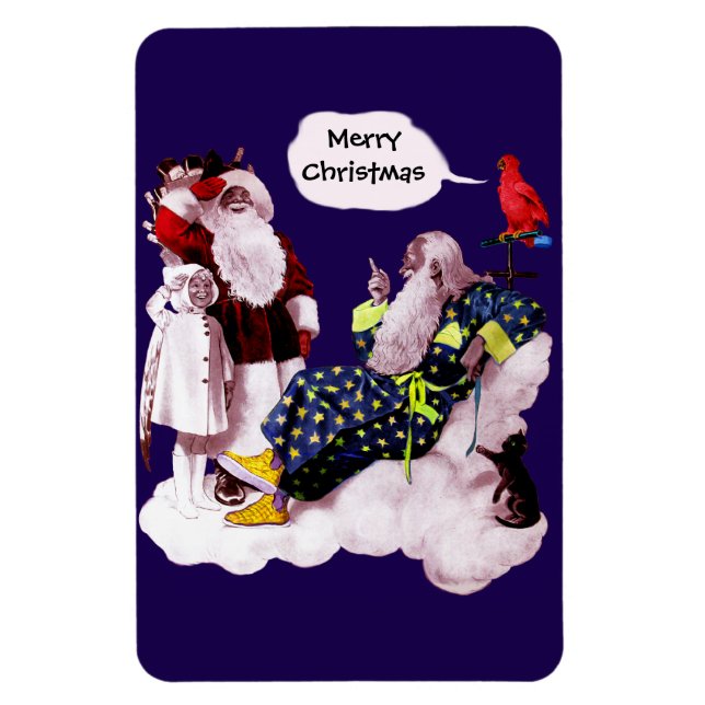 SANTA CLAUS, LITTLE ANGEL & MERLIN Christmas Party Magnet (Vertical)