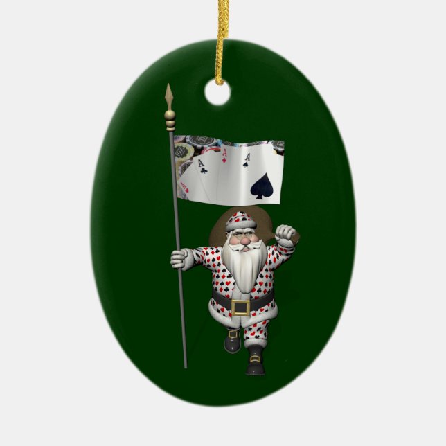 Santa Claus Loves Playing  Poker Ceramic Tree Decoration (Front)