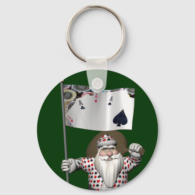 Santa Claus Loves Playing  Poker Key Ring (Front)