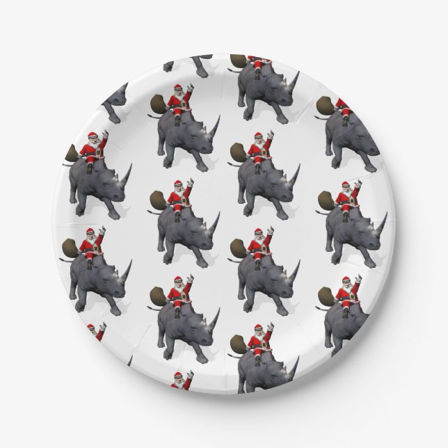 Santa Claus Loves Rhinos Paper Plate (Front)