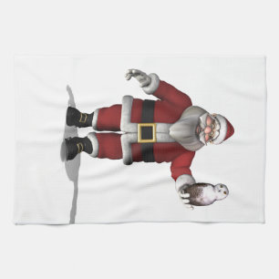 Santa Claus Loves Snowy Owl Tea Towel