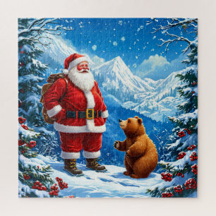 Santa Claus Meets Friendly Bear in Snowy Mountain Jigsaw Puzzle