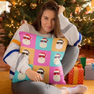 Santa Claus modern neon multicolor photo collage Cushion