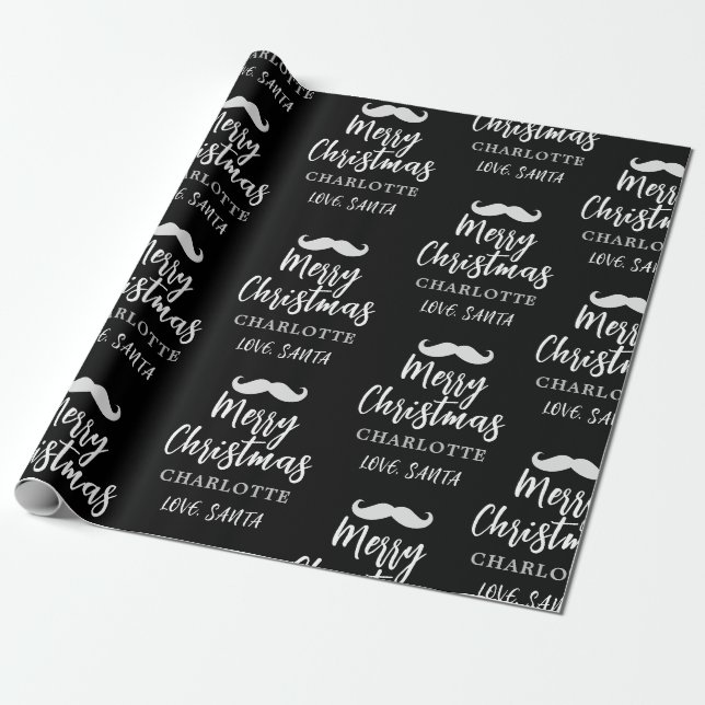 Santa Claus Moustache Personalised Black Christmas Wrapping Paper (Unrolled)