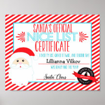 Santa Claus Nice List Personalised Certificate