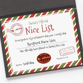 Santa Claus Nice List, Santa Nice List Certificate
