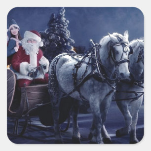 Santa Claus On A Horse Driven Sleigh Square Sticker
