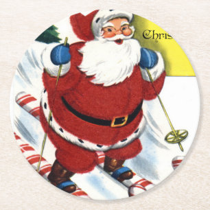 Santa Claus on Candy Cane Skis Christmas Round Paper Coaster