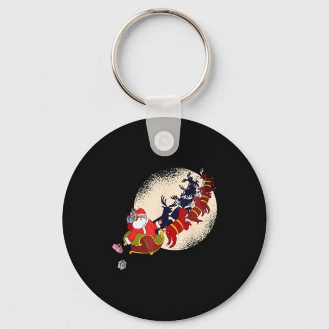 Santa Claus On Christmas Sleigh Pulled By Reindeer Key Ring (Front)