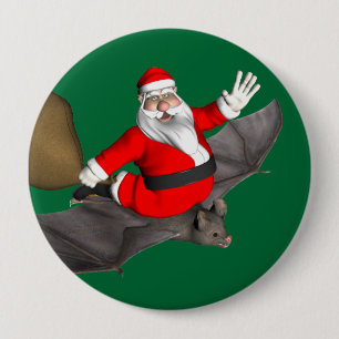Santa Claus On Flying Bat 10 Cm Round Badge