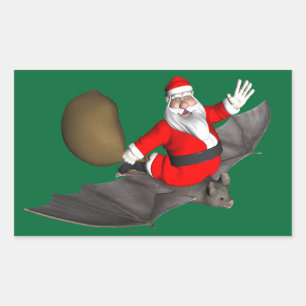 Santa Claus On Flying Bat Rectangular Sticker
