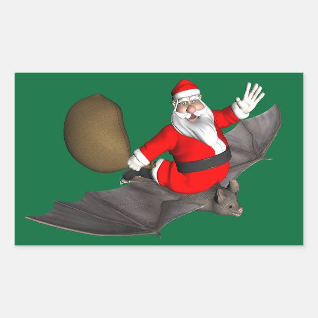 Santa Claus On Flying Bat Rectangular Sticker (Front)